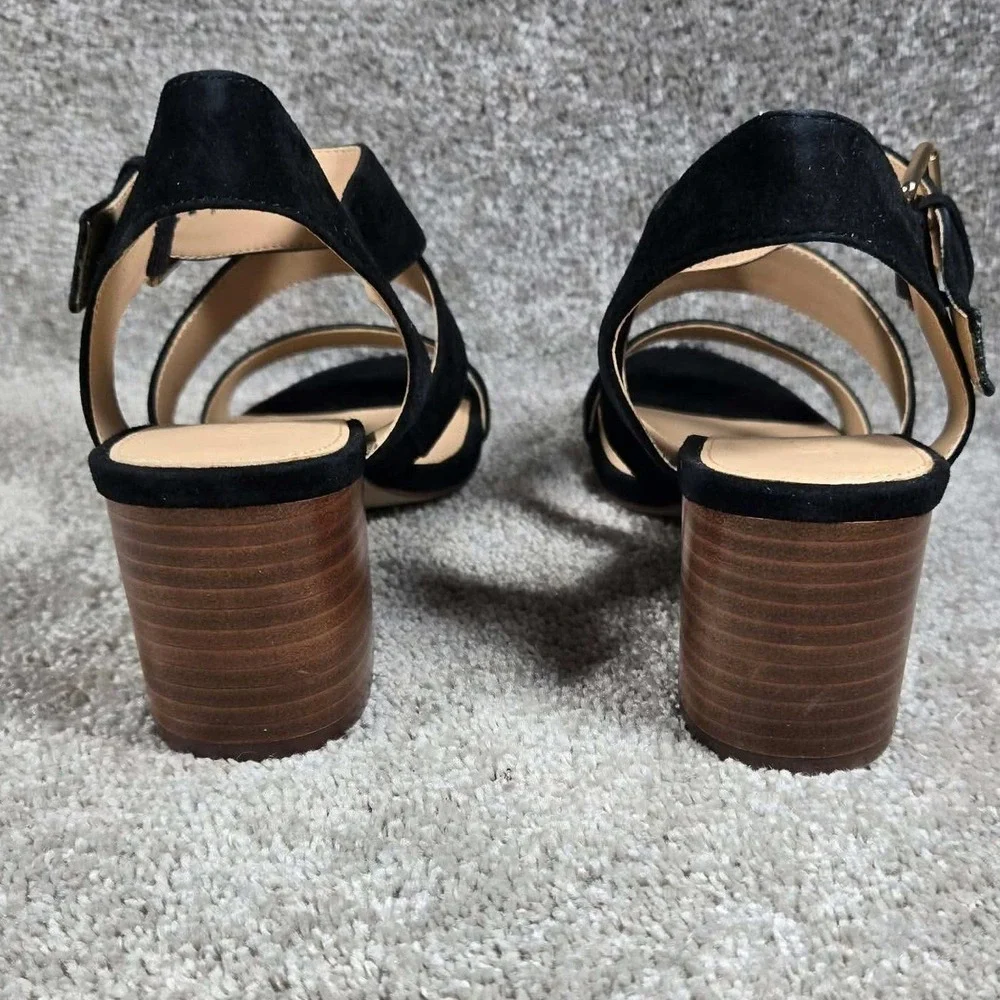 J.Crew Sandals Black Suede Three-Strap Buckle Stacked Heel Women 9